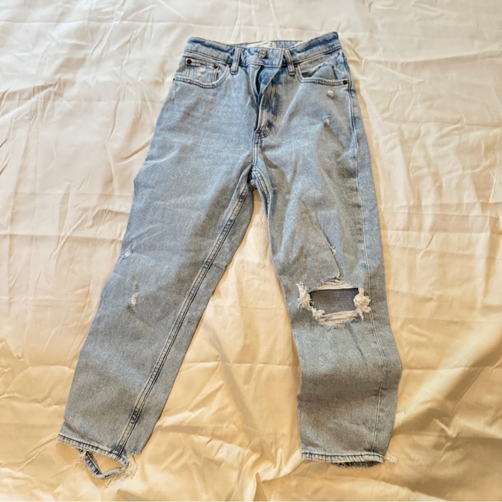 A&F The Mom High Rise Light Wash Distressed Jeans